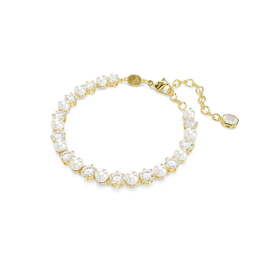 Matrix Tennis bracelet, Crystal pearl, Round cut, White, Gold-tone plated