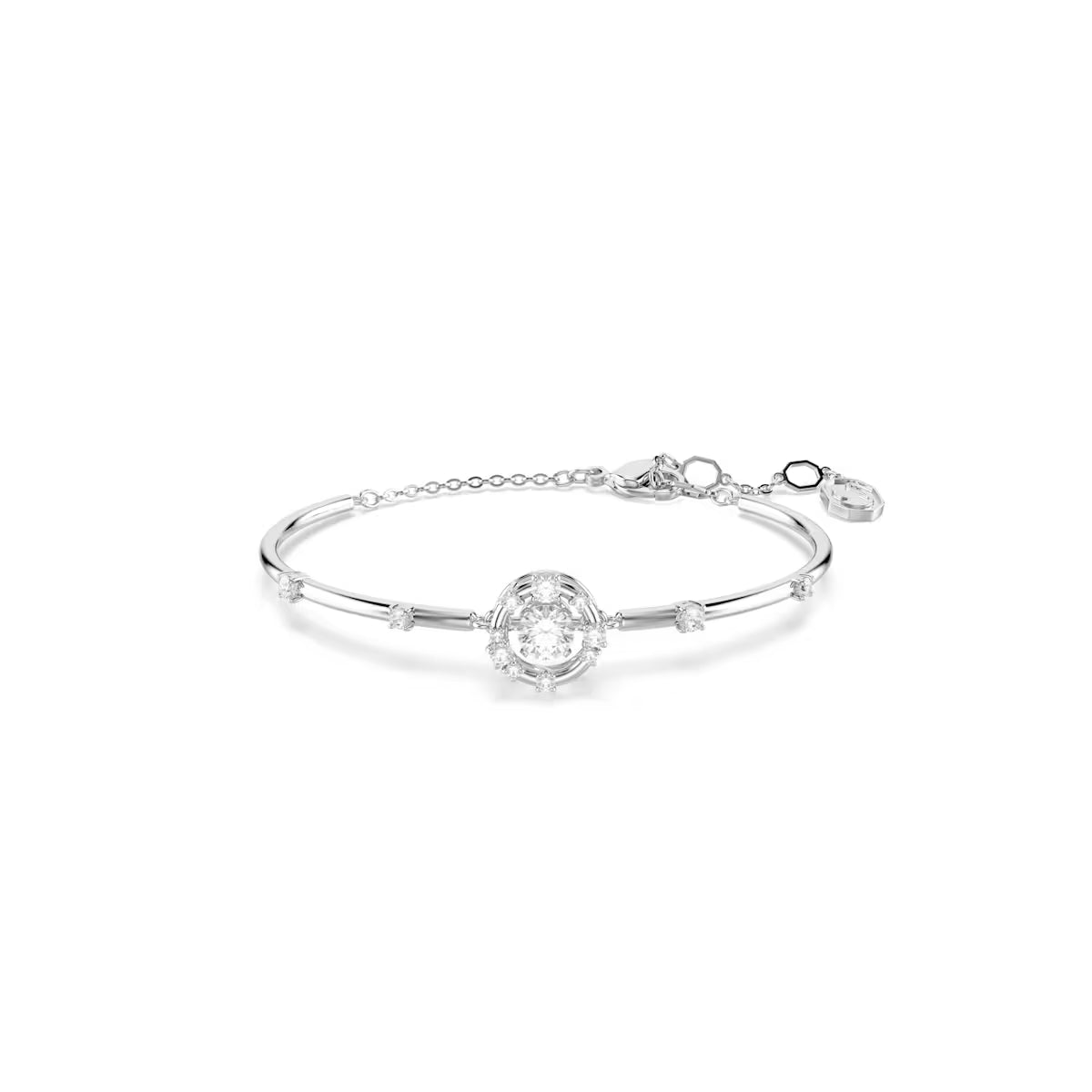 Constella bangle, Round cut, Dancing stone, White, Rhodium plated