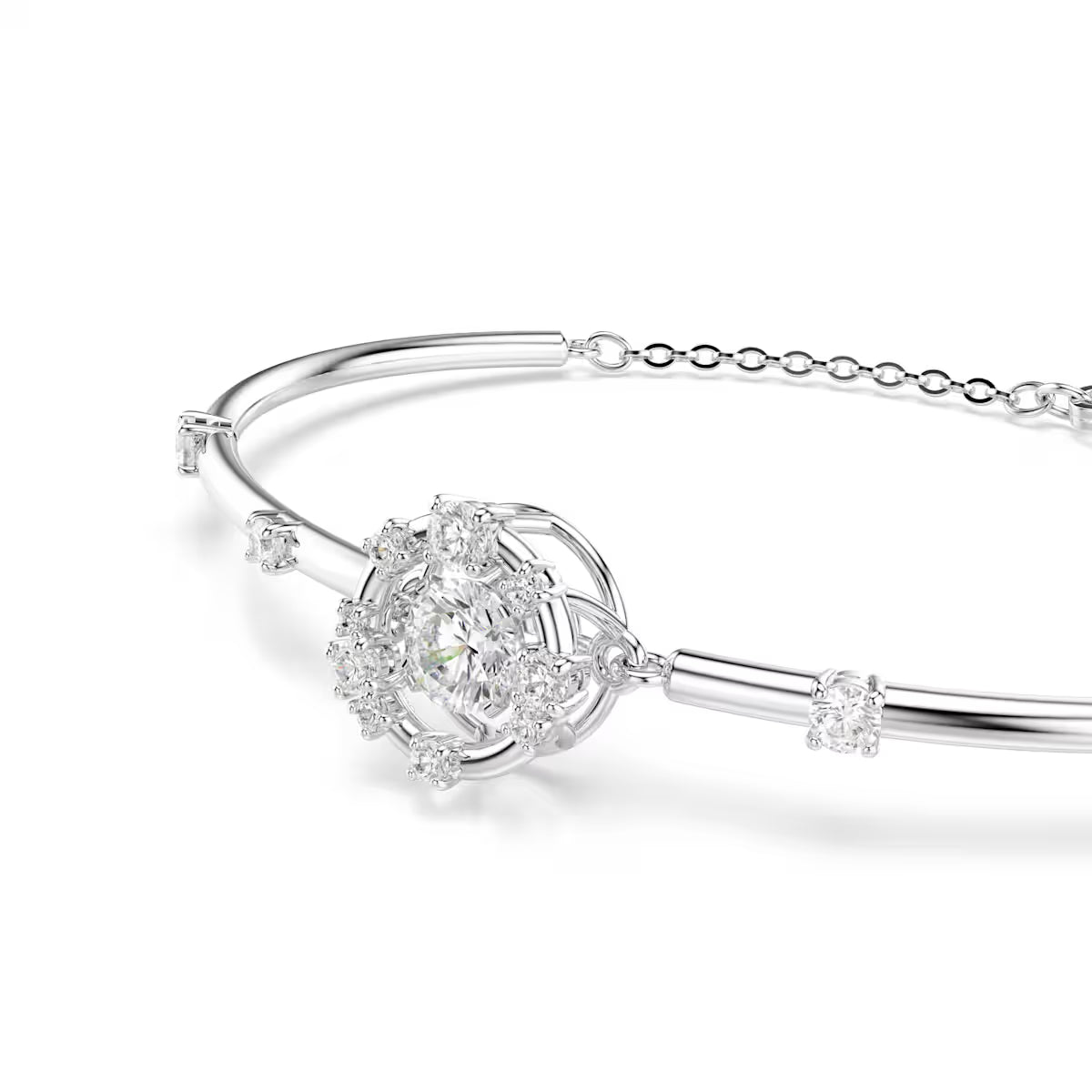 Constella bangle, Round cut, Dancing stone, White, Rhodium plated