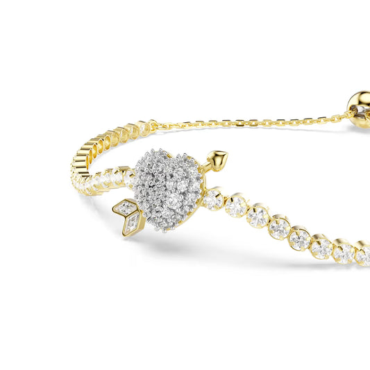 Idyllia bracelet, Mixed cuts, Heart with arrow, White, Gold-tone plated