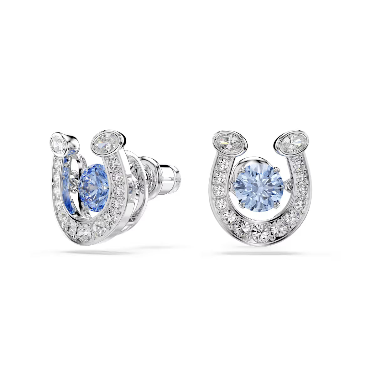 Symbolica stud earrings, Round cut, Pavé, Horse shoe, Blue, Rhodium plated