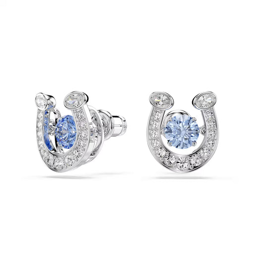 Symbolica stud earrings, Round cut, Pavé, Horse shoe, Blue, Rhodium plated