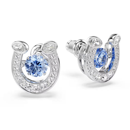 Symbolica stud earrings, Round cut, Pavé, Horse shoe, Blue, Rhodium plated