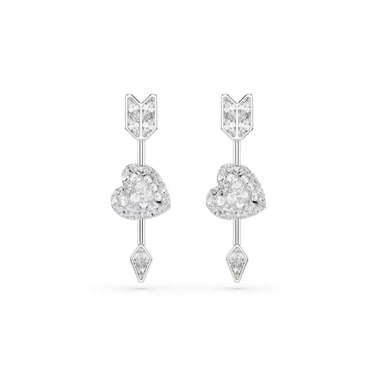 Idyllia drop earrings, Mixed cuts, Heart with arrow, White, Rhodium plated