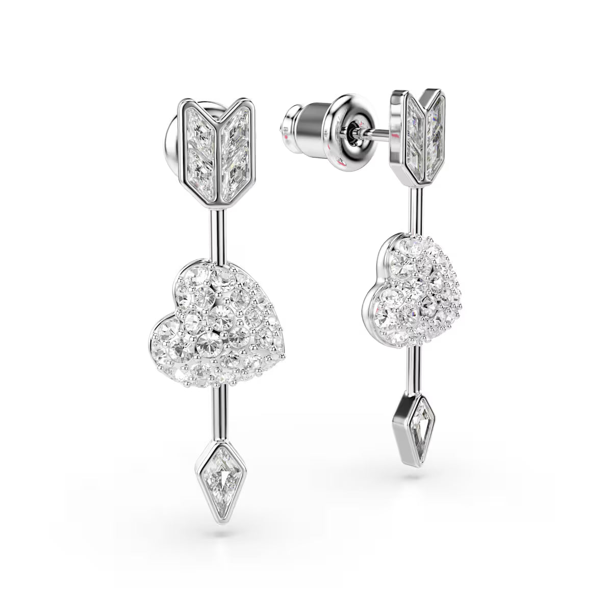 Idyllia drop earrings, Mixed cuts, Heart with arrow, White, Rhodium plated