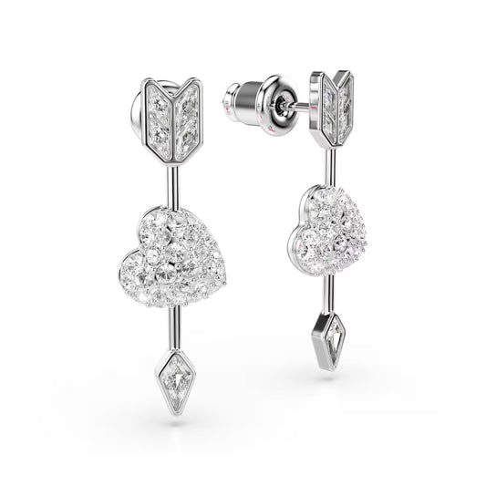 Idyllia drop earrings, Mixed cuts, Heart with arrow, White, Rhodium plated