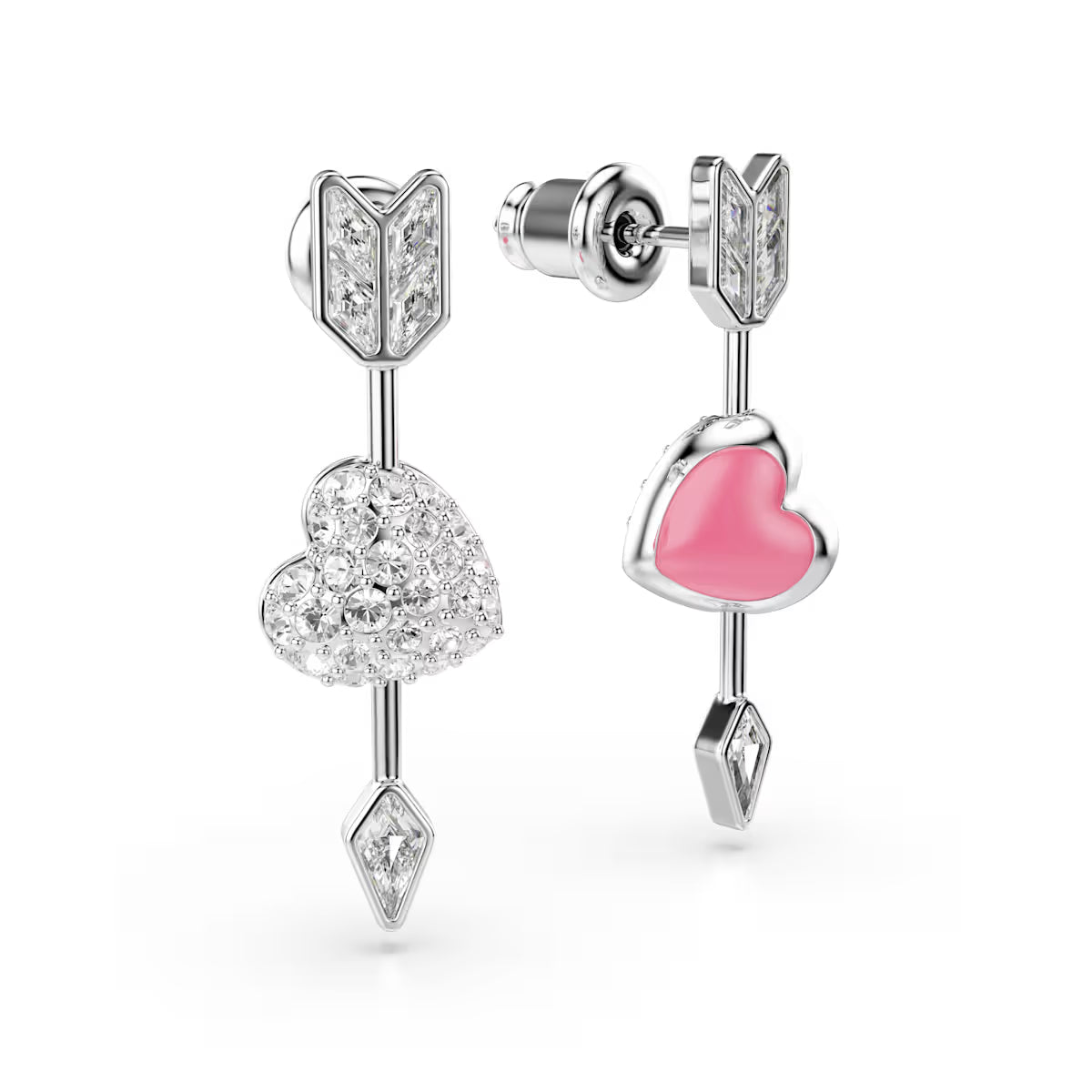 Idyllia drop earrings, Mixed cuts, Heart with arrow, White, Rhodium plated