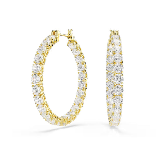 Matrix hoop earrings, Round cut, White, Gold-tone plated