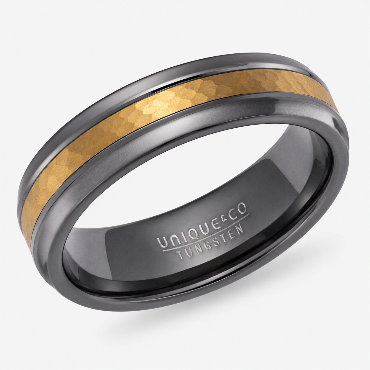 Tungsten Carbide Hammered Ring with Gold IP Plating - Size 62