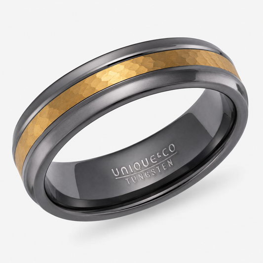 Tungsten Carbide Hammered Ring with Gold IP Plating - Size 62