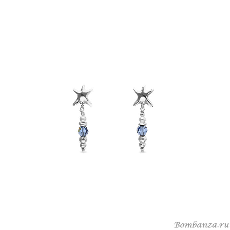Long blue earrings with starfish in silver