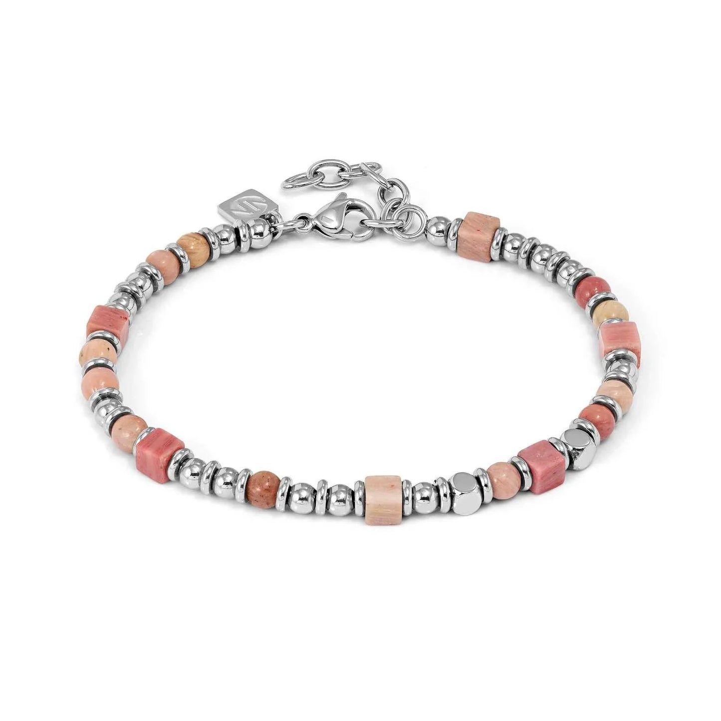 Infinity Bracelet in Steel and Natural Stones Pink Jade