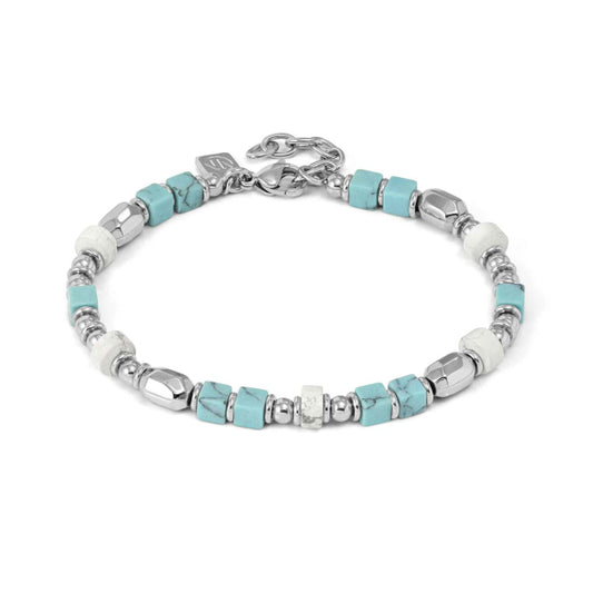 Infinity Bracelet with Steel Nuggets and Natural Stones (Large) Turquoise and White Howlite