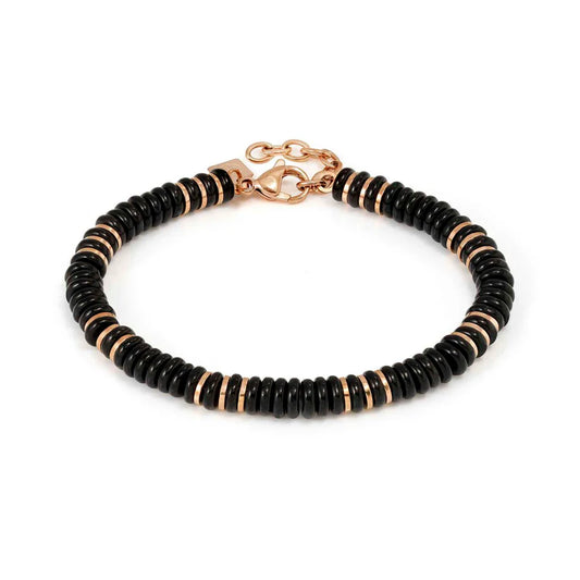 Infinity Bracelet in Steel, Pink Finish and Natural Stones Black Onyx