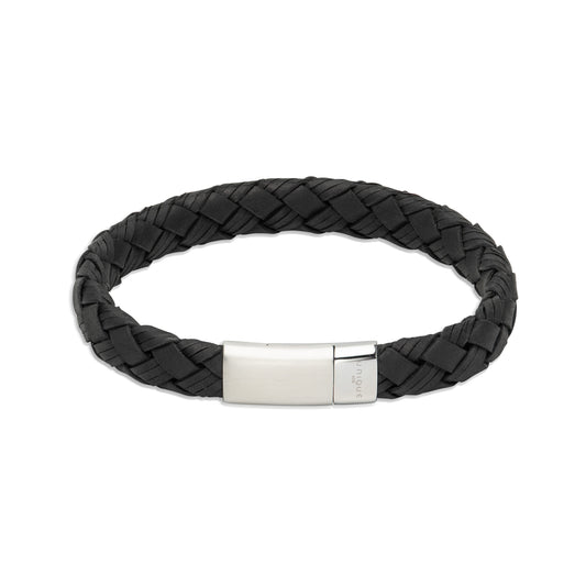 Black Leather Bracelet with Steel Clasp - 21cm