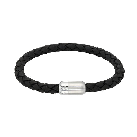 Braided Black Leather & Stainless Steel Bracelet - 21cm