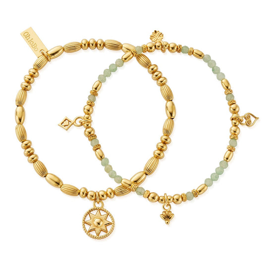 In Bloom Harmony Aventurine Set of 2 Sterling Silver Gold Plated Bracelets