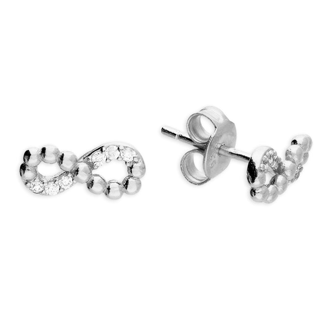 Silver half CZ half beaded infinity stud earrings