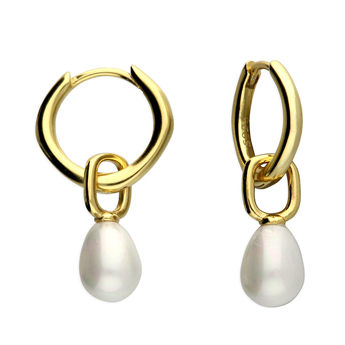 Yellow Gold Plated Sterling Silver Faux Pearl Huggie Earrings
