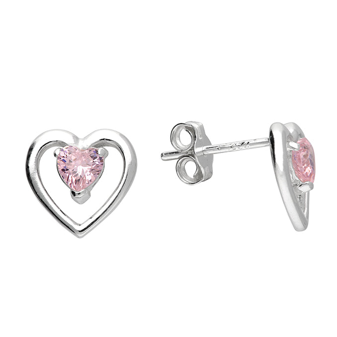 Sterling Silver Pink CZ Heart Stud Earrings