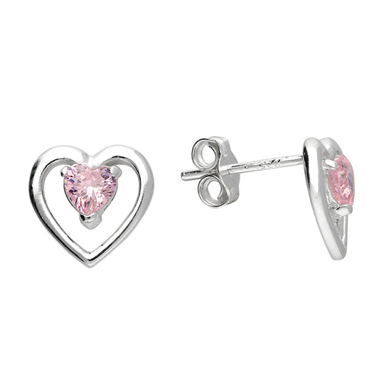 Sterling Silver Pink CZ Heart Stud Earrings