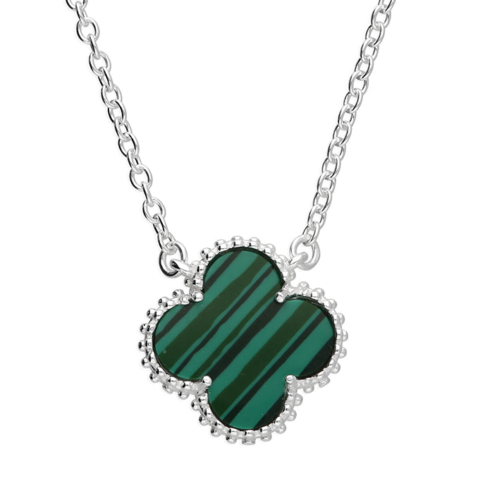 Silver Necklace Green Clover