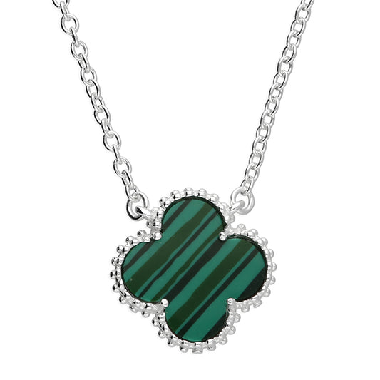 Silver Necklace Green Clover
