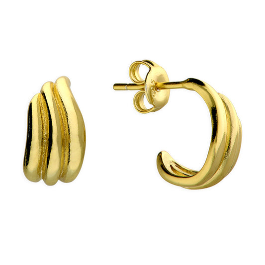 Yellow Gold Plated Sterling Silver Graduated Trio Curved Stud Earrings