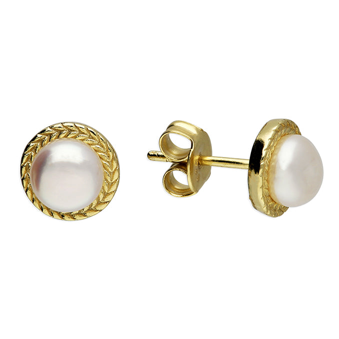 Sterling Silver Gold Plated Rope Edged Pearl Stud Earrings