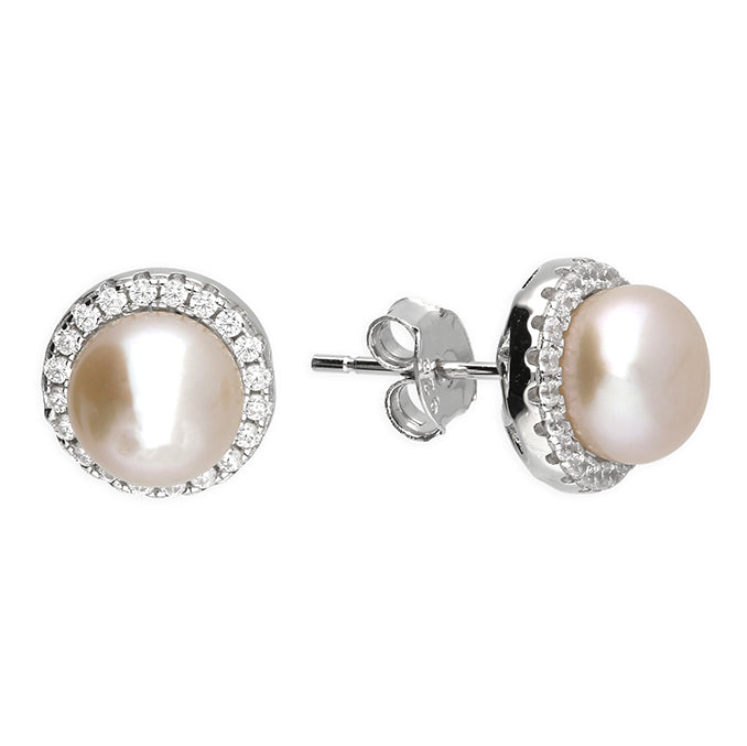 Sterling Silver Pearl Halo Stud Earrings
