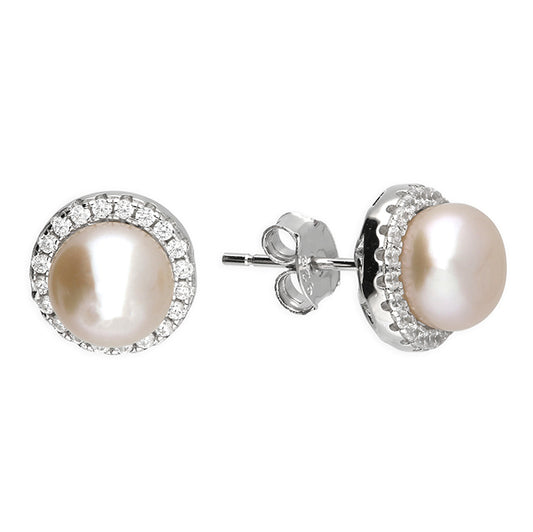 Sterling Silver Pearl Halo Stud Earrings