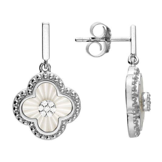 Sterling Silver Decorative Quatrefoil Stud Drop Earrings