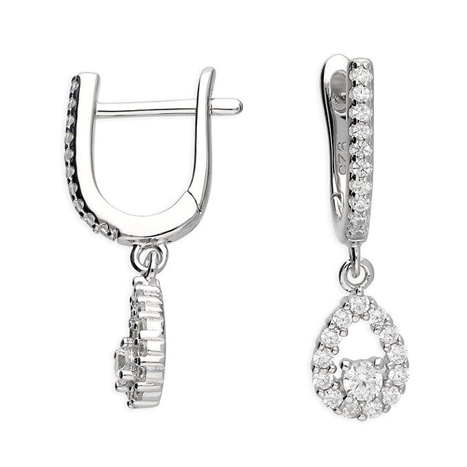 Sterling Silver U-Shaped Cubic Zirconia Hoops With Charm
