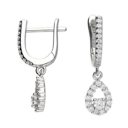 Sterling Silver U-Shaped Cubic Zirconia Hoops With Charm
