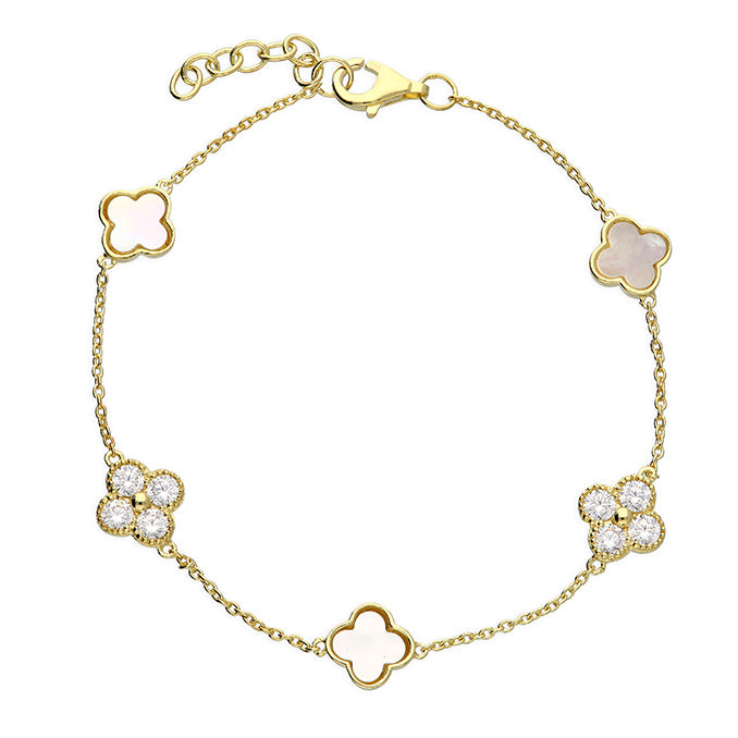 Yellow Gold Plated CZ Mother Of Pearl Qfoils Bracelet