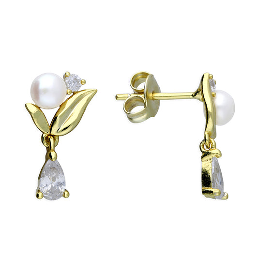 Yellow Gold Plated Sterling Silver Delicate Pearl And Cubic Zirconia Earrings
