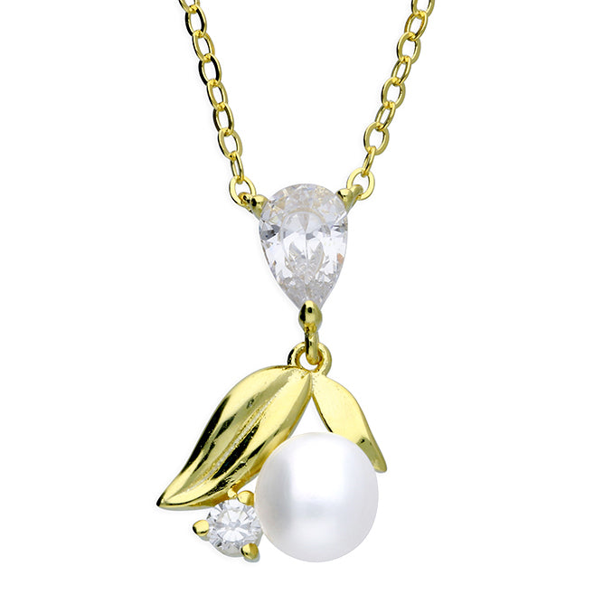Sterling Silver Gold Plated Delicate Pearl And Cubic Zirconia Necklace