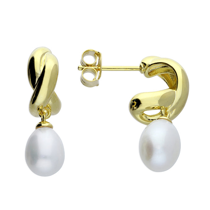 Sterling Silver Gold-Plated Crossover Pearl Earrings