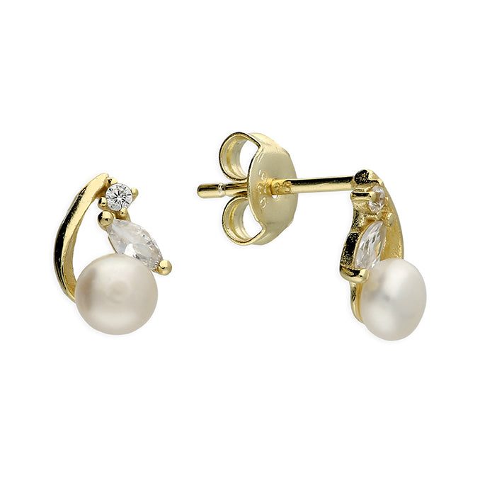Yellow Gold Plated Sterling Silver Freshwater Pearl & CZ Leaf Earrings