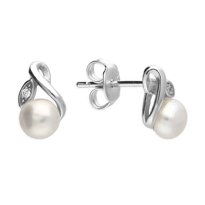 Sterling Silver Pearl Leaf Design Stud Earrings