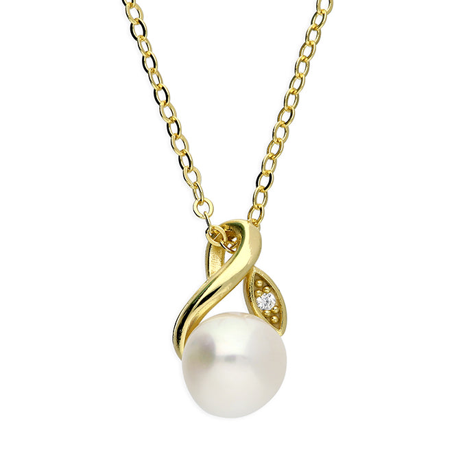 Yellow Gold Plated Sterling Silver Pearl Leaf Design Necklace