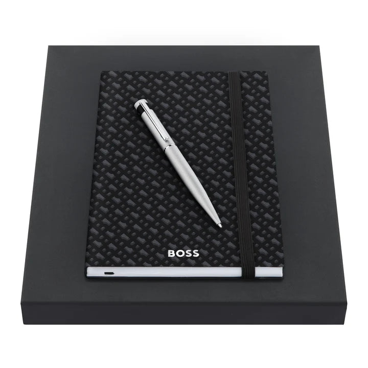 Loop Diamond Chrome Ballpoint Pen and A5 Monogram Grey Lined Notebook Set