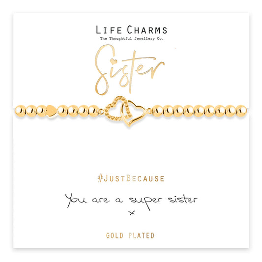 Sister Gold Heart Life Charms Bracelet