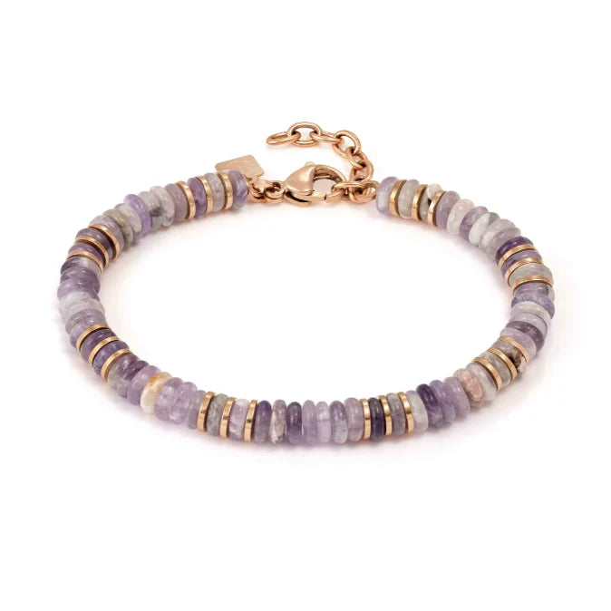 Infinity Bracelet in Steel, Pink Finish and Natural Stones Amethyst