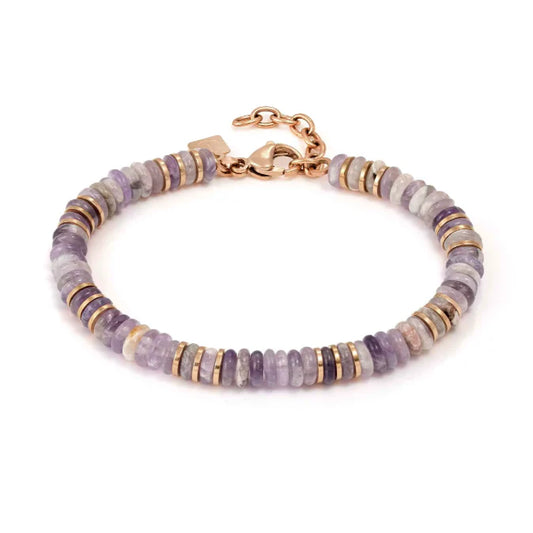 Infinity Bracelet in Steel, Pink Finish and Natural Stones Amethyst