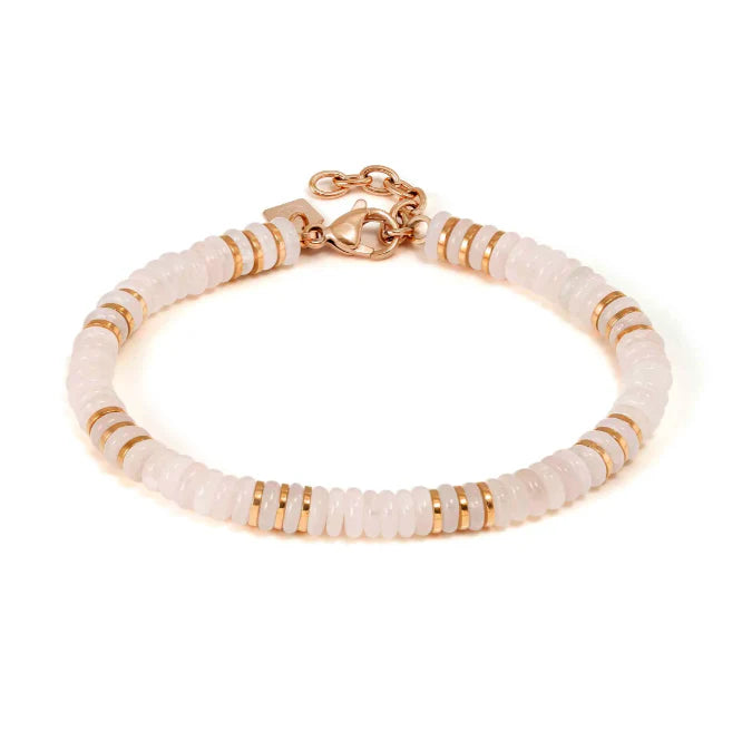 Infinity Bracelet in Steel, Pink Finish and Natural Stones Rose Quartz