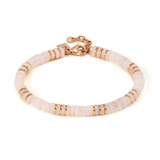 Infinity Bracelet in Steel, Pink Finish and Natural Stones Rose Quartz