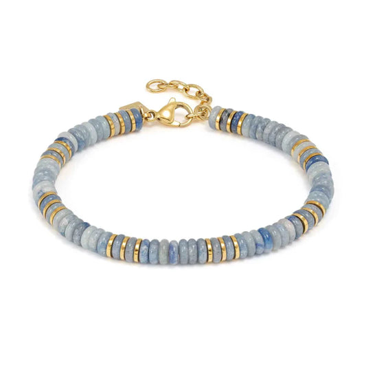 Infinity Bracelet in Steel, Yellow Finish and Natural Stones Blue Aventurine