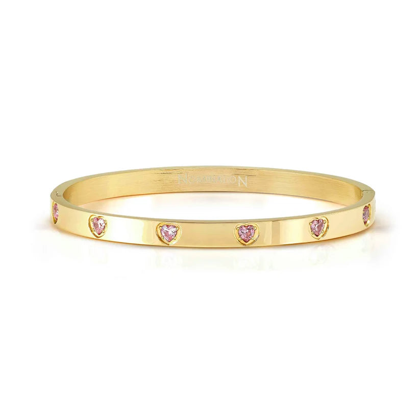 Pretty Gold Bangle with Pink Cubic Zirconia Hearts