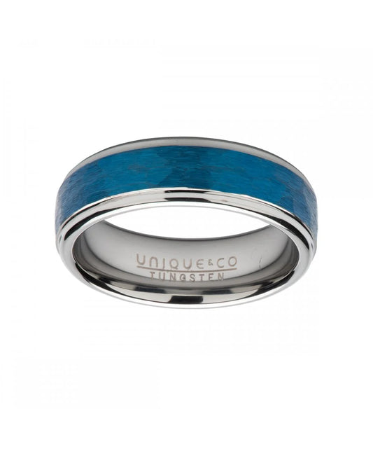 Tungsten 7mm Hammered Blue & Silver Finish Ring